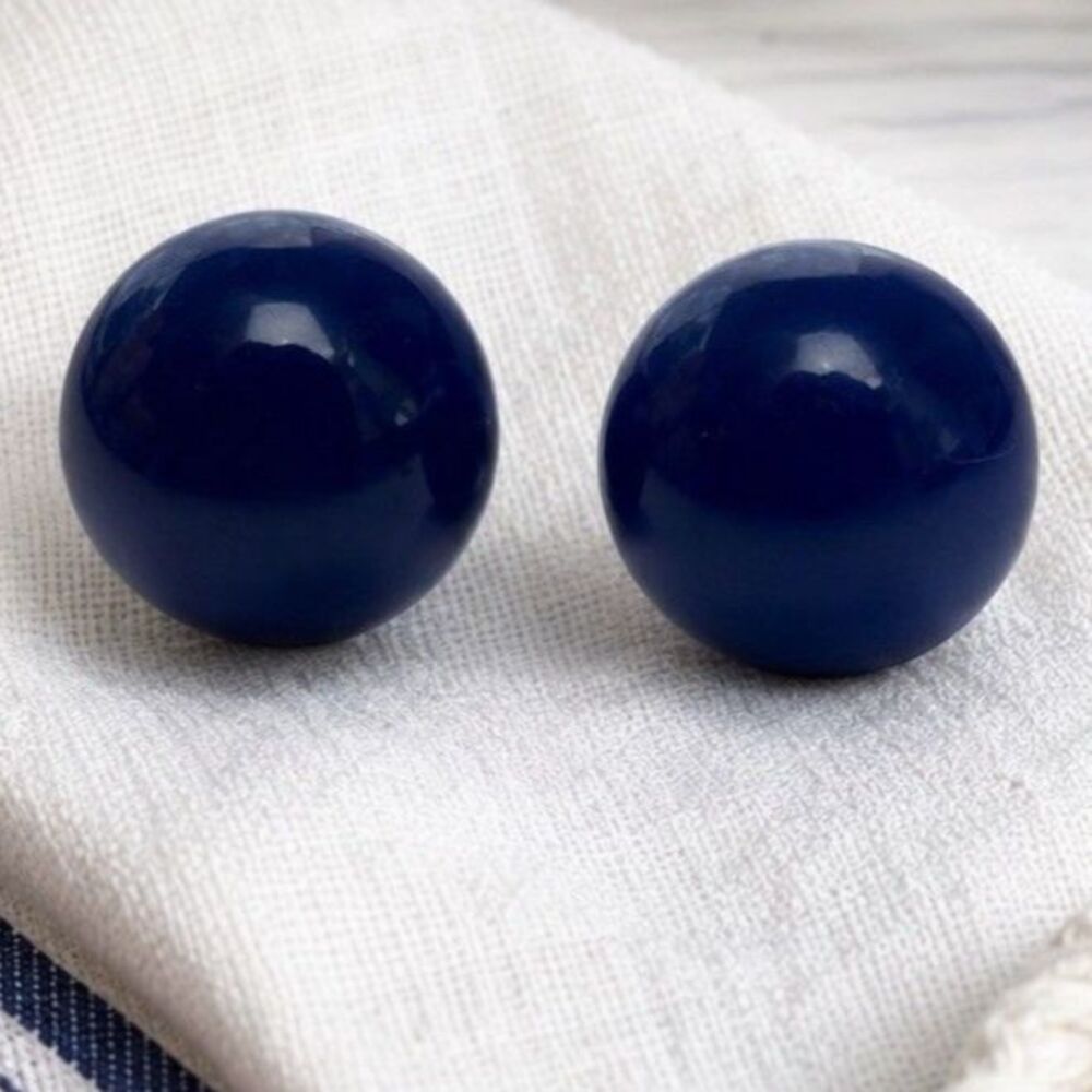 Vintage Cobalt Blue Button Stud Earrings Oversized Resin Dome 80s Retro
